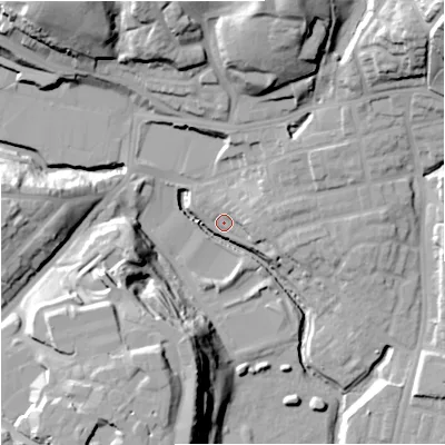 Shaded relief map of the ground around M98FE, computed from Environment Agency LiDAR. The ground here sits at about 49 m above sea level and falls 35 m across the surrounding 800 m. Surface water reaching this point runs off ground lying to the east, 7.4 m higher.
