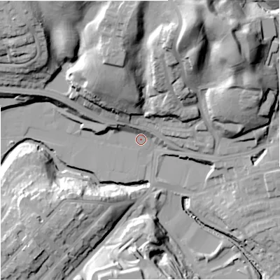Shaded relief map of the ground around M98FP, computed from Environment Agency LiDAR. The ground here sits at about 51 m above sea level and falls 45 m across the surrounding 800 m. Surface water reaching this point runs off ground lying to the north-north-east, 38.0 m higher.