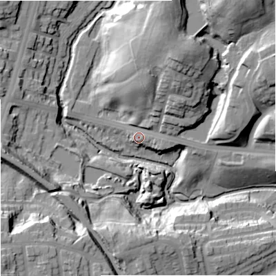 Shaded relief map of the ground around M98FS, computed from Environment Agency LiDAR. The ground here sits at about 59 m above sea level and falls 37 m across the surrounding 800 m. Surface water reaching this point runs off ground lying to the north-east, 27.0 m higher.