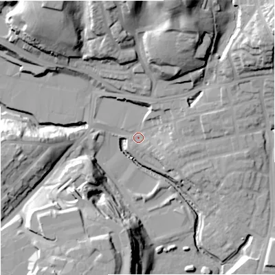 Shaded relief map of the ground around M98FW, computed from Environment Agency LiDAR. The ground here sits at about 50 m above sea level and falls 41 m across the surrounding 800 m. Surface water reaching this point runs off ground lying to the north-north-east, 36.1 m higher.
