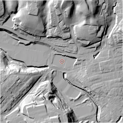 Shaded relief map of the ground around M98GQ, computed from Environment Agency LiDAR. The ground here sits at about 50 m above sea level and falls 45 m across the surrounding 800 m. Surface water reaching this point runs off ground lying to the south-south-east, 0.6 m higher.