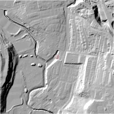Shaded relief map of the ground around M98NH, computed from Environment Agency LiDAR. The ground here sits at about 49 m above sea level and falls 40 m across the surrounding 800 m. Surface water reaching this point runs off ground lying to the east-south-east, 36.8 m higher.