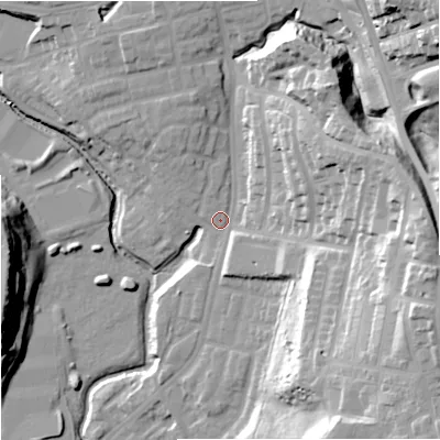 Shaded relief map of the ground around M98NJ, computed from Environment Agency LiDAR. The ground here sits at about 51 m above sea level and falls 40 m across the surrounding 800 m. Surface water reaching this point runs off ground lying to the east-south-east, 33.0 m higher.