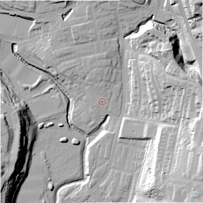 Shaded relief map of the ground around M98NN, computed from Environment Agency LiDAR. The ground here sits at about 51 m above sea level and falls 38 m across the surrounding 800 m. Surface water reaching this point runs off ground lying to the north, 3.9 m higher.