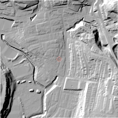 Shaded relief map of the ground around M98NP, computed from Environment Agency LiDAR. The ground here sits at about 52 m above sea level and falls 41 m across the surrounding 800 m. Surface water reaching this point runs off ground lying to the north-north-west, 3.8 m higher.