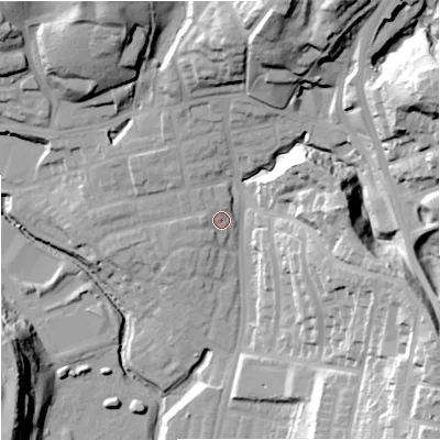 Shaded relief map of the ground around M98NT, computed from Environment Agency LiDAR. The ground here sits at about 54 m above sea level and falls 40 m across the surrounding 800 m. Surface water reaching this point runs off ground lying to the west, 2.5 m higher.