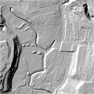 Shaded relief map of the ground around M98PU, computed from Environment Agency LiDAR. The ground here sits at about 48 m above sea level and falls 37 m across the surrounding 800 m. Surface water reaching this point runs off ground lying to the north-north-east, 5.4 m higher.