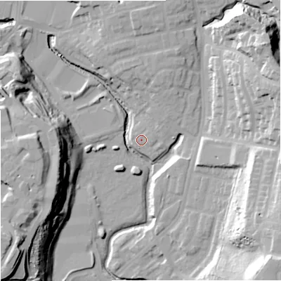 Shaded relief map of the ground around M98PX, computed from Environment Agency LiDAR. The ground here sits at about 48 m above sea level and falls 37 m across the surrounding 800 m. Surface water reaching this point runs off ground lying to the north-east, 1.4 m higher.