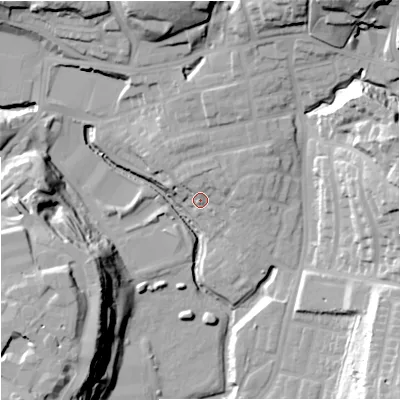 Shaded relief map of the ground around M98QA, computed from Environment Agency LiDAR. The ground here sits at about 52 m above sea level and falls 33 m across the surrounding 800 m. Surface water reaching this point runs off ground lying to the north-north-east, 4.7 m higher.