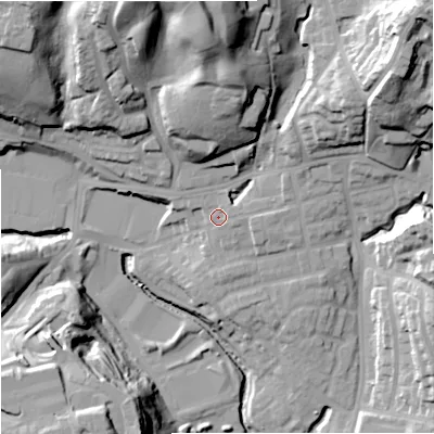Shaded relief map of the ground around M98RN, computed from Environment Agency LiDAR. The ground here sits at about 56 m above sea level and falls 45 m across the surrounding 800 m. Surface water reaching this point runs off ground lying to the north, 35.8 m higher.