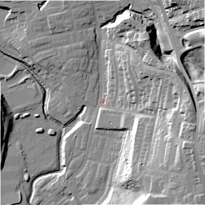Shaded relief map of the ground around M98ZA, computed from Environment Agency LiDAR. The ground here sits at about 51 m above sea level and falls 41 m across the surrounding 800 m. Surface water reaching this point runs off ground lying to the east-south-east, 32.8 m higher.