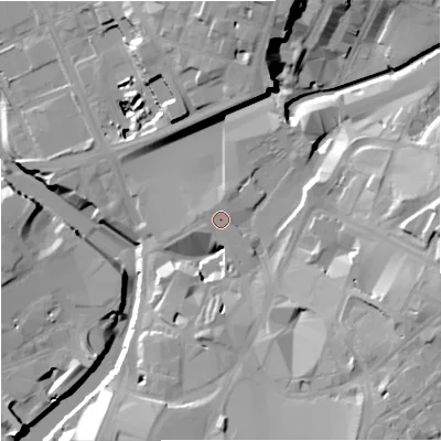 Shaded relief map of the ground around M991ZW, computed from Environment Agency LiDAR. The ground here sits at about 34 m above sea level and falls 27 m across the surrounding 800 m. Surface water reaching this point runs off ground lying to the north, 0.9 m higher.