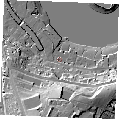 Shaded relief map of the ground around ME11BY, computed from Environment Agency LiDAR. The ground here sits at about 5 m above sea level and falls 58 m across the surrounding 800 m. Surface water reaching this point runs off ground lying to the south-south-east, 18.2 m higher.