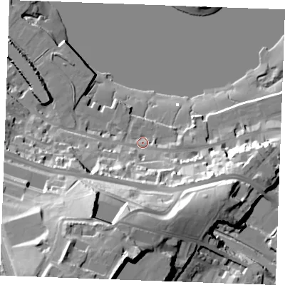 Shaded relief map of the ground around ME11DA, computed from Environment Agency LiDAR. The ground here sits at about 6 m above sea level and falls 60 m across the surrounding 800 m. Surface water reaching this point runs off ground lying to the south-south-west, 44.4 m higher.