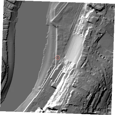 Shaded relief map of the ground around ME11EB, computed from Environment Agency LiDAR. The ground here sits at about 5 m above sea level and falls 53 m across the surrounding 800 m. Surface water reaching this point runs off ground lying to the south-east, 39.3 m higher.