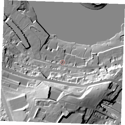 Shaded relief map of the ground around ME11JR, computed from Environment Agency LiDAR. The ground here sits at about 5 m above sea level and falls 59 m across the surrounding 800 m. Surface water reaching this point runs off ground lying to the south, 12.6 m higher.