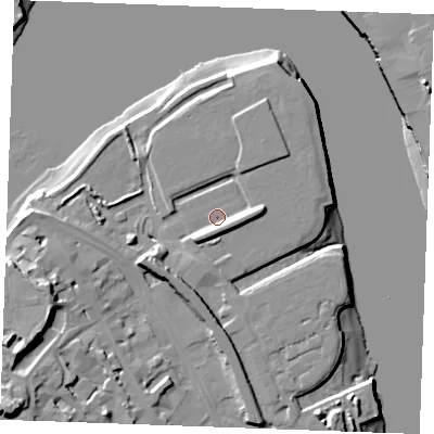 Shaded relief map of the ground around ME11PB, computed from Environment Agency LiDAR. The ground here sits at about 5 m above sea level and falls 25 m across the surrounding 800 m. Surface water reaching this point runs off ground lying to the south-west, 5.9 m higher.
