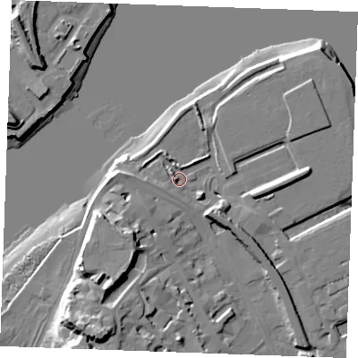 Shaded relief map of the ground around ME11PW, computed from Environment Agency LiDAR. The ground here sits at about 4 m above sea level and falls 25 m across the surrounding 800 m. Surface water reaching this point runs off ground lying to the south-east, 5.4 m higher.