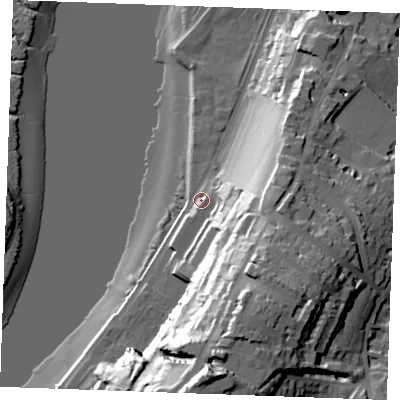 Shaded relief map of the ground around ME11QA, computed from Environment Agency LiDAR. The ground here sits at about 6 m above sea level and falls 58 m across the surrounding 800 m. Surface water reaching this point runs off ground lying to the south-east, 39.6 m higher.