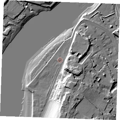 Shaded relief map of the ground around ME11QN, computed from Environment Agency LiDAR. The ground here sits at about 5 m above sea level and falls 34 m across the surrounding 800 m. Surface water reaching this point runs off ground lying to the east, 1.0 m higher.