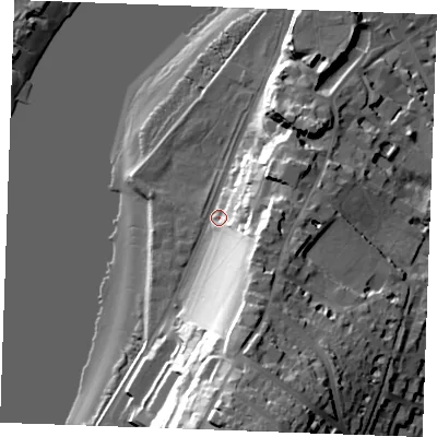 Shaded relief map of the ground around ME11QW, computed from Environment Agency LiDAR. The ground here sits at about 6 m above sea level and falls 47 m across the surrounding 800 m. Surface water reaching this point runs off ground lying to the south, 30.8 m higher.