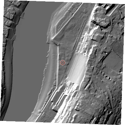 Shaded relief map of the ground around ME11QX, computed from Environment Agency LiDAR. The ground here sits at about 5 m above sea level and falls 49 m across the surrounding 800 m. Surface water reaching this point runs off ground lying to the north-north-west, 1.1 m higher.