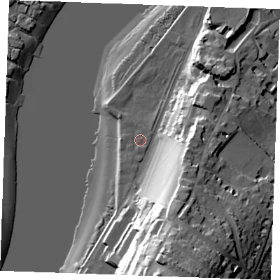 Shaded relief map of the ground around ME11QY, computed from Environment Agency LiDAR. The ground here sits at about 5 m above sea level and falls 47 m across the surrounding 800 m. Surface water reaching this point runs off ground lying to the south-east, 1.1 m higher.
