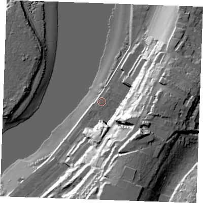 Shaded relief map of the ground around ME11RY, computed from Environment Agency LiDAR. The ground here sits at about 6 m above sea level and falls 60 m across the surrounding 800 m. Surface water reaching this point runs off ground lying to the south-east, 40.2 m higher.