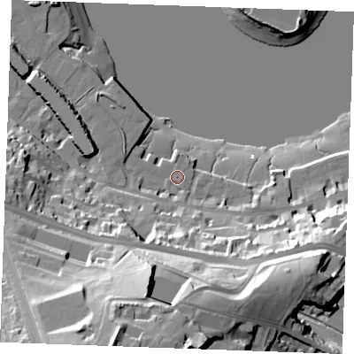 Shaded relief map of the ground around ME11TH, computed from Environment Agency LiDAR. The ground here sits at about 5 m above sea level and falls 58 m across the surrounding 800 m. Surface water reaching this point runs off ground lying to the south-south-west, 18.0 m higher.