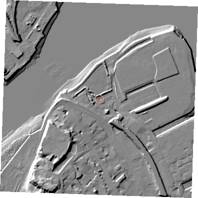 Shaded relief map of the ground around ME11US, computed from Environment Agency LiDAR. The ground here sits at about 4 m above sea level and falls 25 m across the surrounding 800 m. Surface water reaching this point runs off ground lying to the south-south-east, 5.4 m higher.