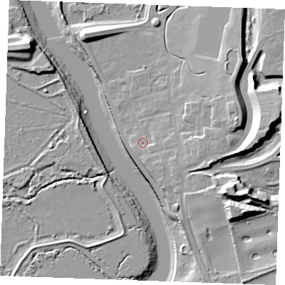 Shaded relief map of the ground around ME13FP, computed from Environment Agency LiDAR. The ground here sits at about 8 m above sea level and falls 28 m across the surrounding 800 m. Surface water reaching this point runs off ground lying to the east-south-east, 6.7 m higher.