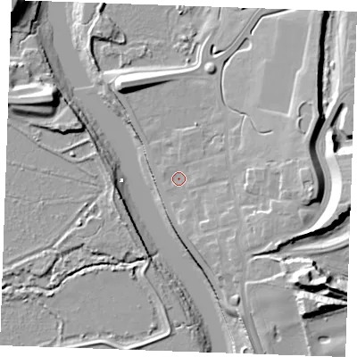 Shaded relief map of the ground around ME13FY, computed from Environment Agency LiDAR. The ground here sits at about 7 m above sea level and falls 28 m across the surrounding 800 m. Surface water reaching this point runs off ground lying to the east-south-east, 7.9 m higher.