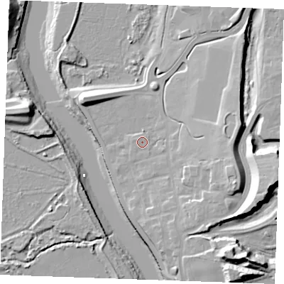 Shaded relief map of the ground around ME13GF, computed from Environment Agency LiDAR. The ground here sits at about 7 m above sea level and falls 28 m across the surrounding 800 m. Surface water reaching this point runs off ground lying to the south-south-east, 0.8 m higher.
