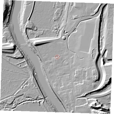 Shaded relief map of the ground around ME13GJ, computed from Environment Agency LiDAR. The ground here sits at about 6 m above sea level and falls 28 m across the surrounding 800 m. Surface water reaching this point runs off ground lying to the east-north-east, 1.7 m higher.