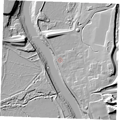 Shaded relief map of the ground around ME13GL, computed from Environment Agency LiDAR. The ground here sits at about 7 m above sea level and falls 27 m across the surrounding 800 m. Surface water reaching this point runs off ground lying to the east, 1.0 m higher.
