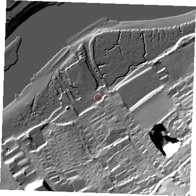 Shaded relief map of the ground around ME13HS, computed from Environment Agency LiDAR. The ground here sits at about 5 m above sea level and falls 73 m across the surrounding 800 m. Surface water reaching this point runs off ground lying to the south-east, 7.9 m higher.