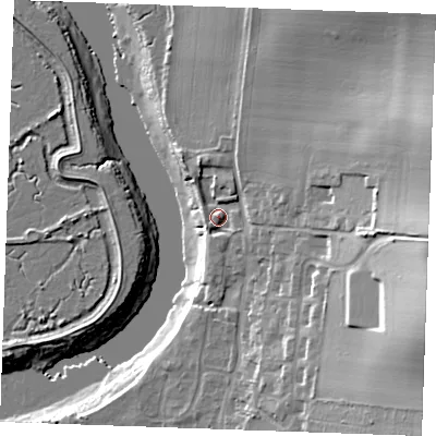 Shaded relief map of the ground around ME13TD, computed from Environment Agency LiDAR. The ground here sits at about 6 m above sea level and falls 31 m across the surrounding 800 m. Surface water reaching this point runs off ground lying to the east, 21.0 m higher.
