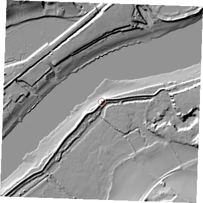 Shaded relief map of the ground around ME13TJ, computed from Environment Agency LiDAR. The ground here sits at about 4 m above sea level and falls 21 m across the surrounding 800 m. Surface water reaching this point runs off ground lying to the east-north-east, 4.4 m higher.