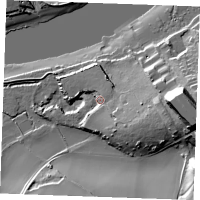 Shaded relief map of the ground around ME13TL, computed from Environment Agency LiDAR. The ground here sits at about 12 m above sea level and falls 41 m across the surrounding 800 m. Surface water reaching this point runs off ground lying to the east-south-east, 16.7 m higher.