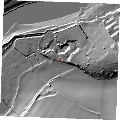 Shaded relief map of the ground around ME13TN, computed from Environment Agency LiDAR. The ground here sits at about 7 m above sea level and falls 30 m across the surrounding 800 m. Surface water reaching this point runs off ground lying to the north-north-east, 4.2 m higher.