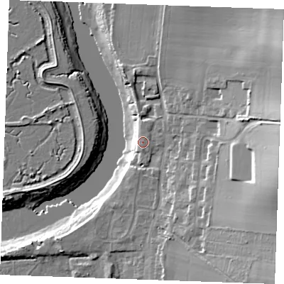 Shaded relief map of the ground around ME13TT, computed from Environment Agency LiDAR. The ground here sits at about 6 m above sea level and falls 30 m across the surrounding 800 m. The ground contributing surface water to this point lies to the north-east.