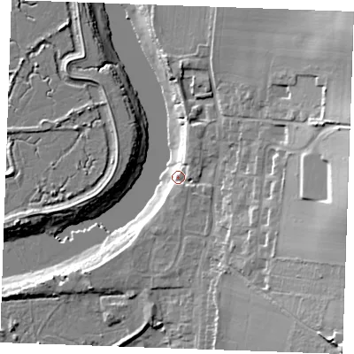 Shaded relief map of the ground around ME13TX, computed from Environment Agency LiDAR. The ground here sits at about 4 m above sea level and falls 27 m across the surrounding 800 m. Surface water reaching this point runs off ground lying to the east, 25.2 m higher.