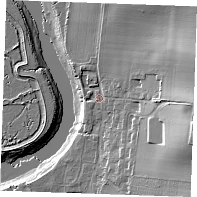 Shaded relief map of the ground around ME13TY, computed from Environment Agency LiDAR. The ground here sits at about 6 m above sea level and falls 35 m across the surrounding 800 m. Surface water reaching this point runs off ground lying to the east, 23.6 m higher.