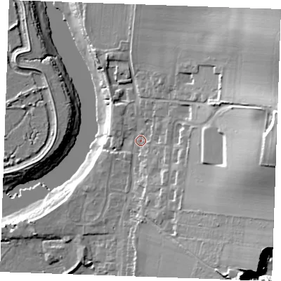 Shaded relief map of the ground around ME13UF, computed from Environment Agency LiDAR. The ground here sits at about 6 m above sea level and falls 37 m across the surrounding 800 m. Surface water reaching this point runs off ground lying to the east, 29.3 m higher.