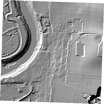 Shaded relief map of the ground around ME13UG, computed from Environment Agency LiDAR. The ground here sits at about 6 m above sea level and falls 37 m across the surrounding 800 m. Surface water reaching this point runs off ground lying to the south-east, 6.8 m higher.
