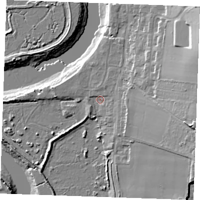 Shaded relief map of the ground around ME13UU, computed from Environment Agency LiDAR. The ground here sits at about 4 m above sea level and falls 26 m across the surrounding 800 m. Surface water reaching this point runs off ground lying to the east-south-east, 17.8 m higher.