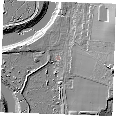 Shaded relief map of the ground around ME13UX, computed from Environment Agency LiDAR. The ground here sits at about 5 m above sea level and falls 28 m across the surrounding 800 m. Surface water reaching this point runs off ground lying to the east, 4.6 m higher.
