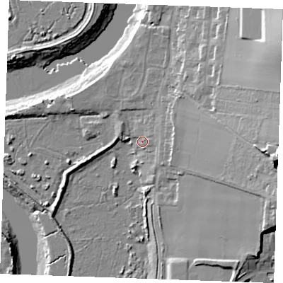 Shaded relief map of the ground around ME13UZ, computed from Environment Agency LiDAR. The ground here sits at about 5 m above sea level and falls 28 m across the surrounding 800 m. Surface water reaching this point runs off ground lying to the east, 5.3 m higher.
