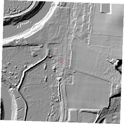 Shaded relief map of the ground around ME13XD, computed from Environment Agency LiDAR. The ground here sits at about 5 m above sea level and falls 31 m across the surrounding 800 m. Surface water reaching this point runs off ground lying to the east, 3.8 m higher.
