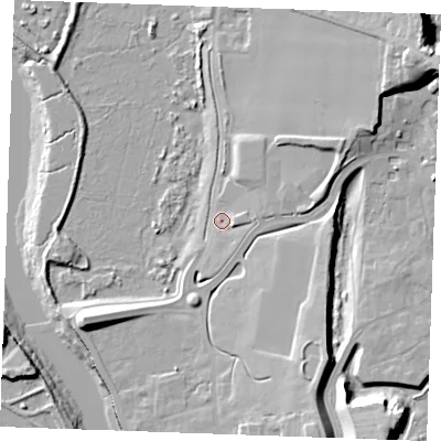 Shaded relief map of the ground around ME13XJ, computed from Environment Agency LiDAR. The ground here sits at about 5 m above sea level and falls 25 m across the surrounding 800 m. Surface water reaching this point runs off ground lying to the east-north-east, 4.5 m higher.